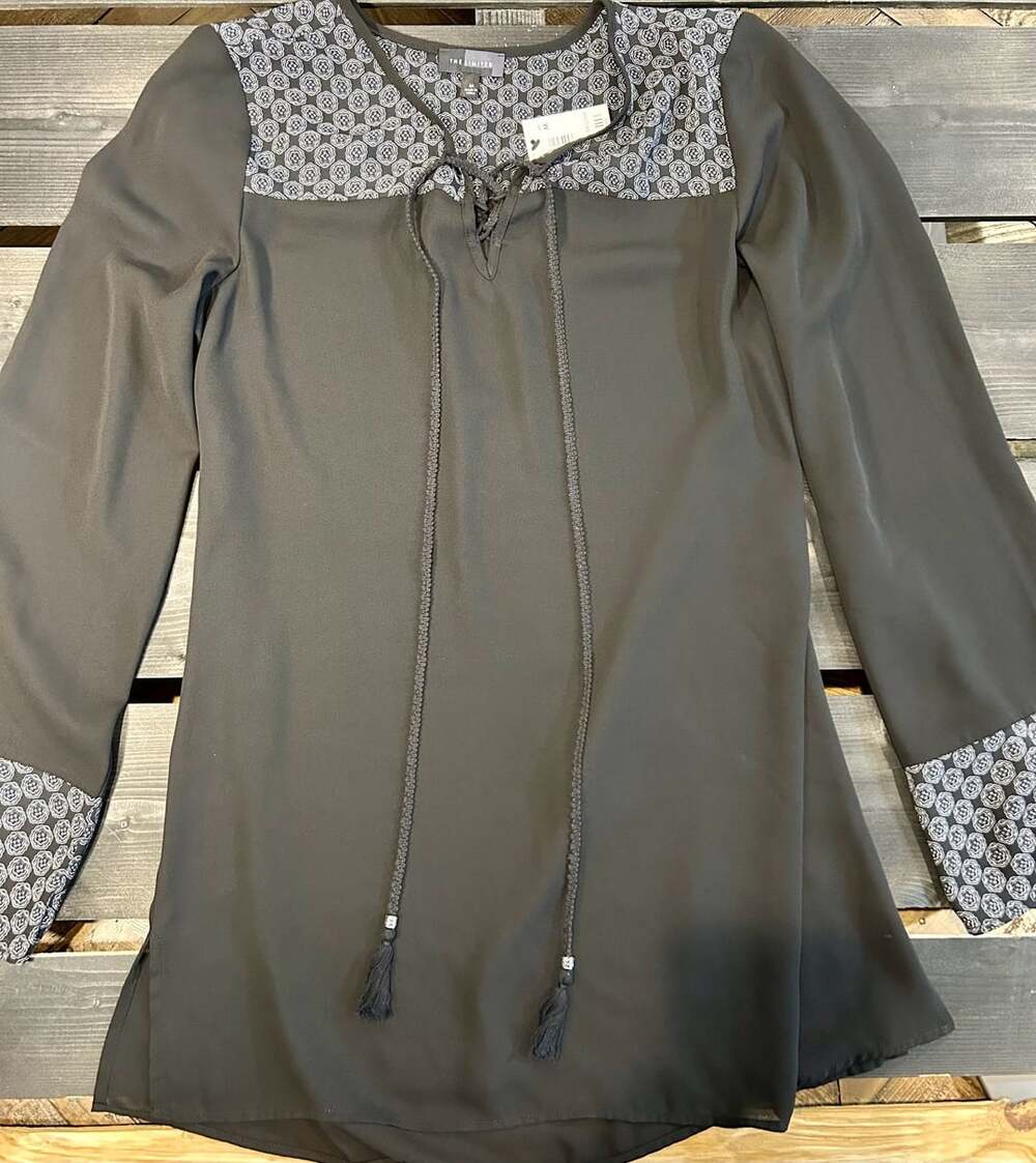 The Limited Black Tunic Blouse with Patterned Yoke and Tassel Tie Detail